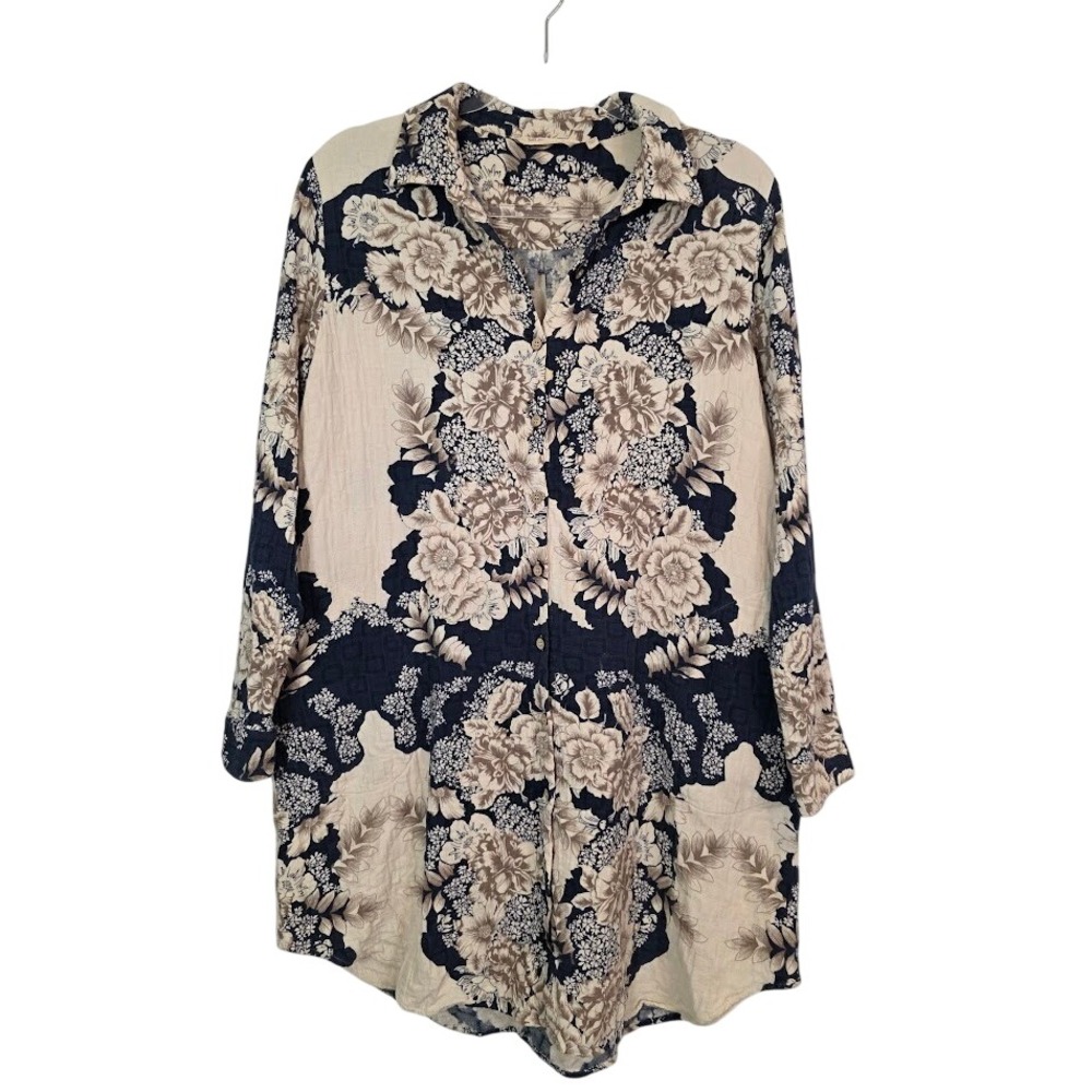 Soft Surroundings Size L Tunic Dress Beige Navy Floral Textured Cotton Blend